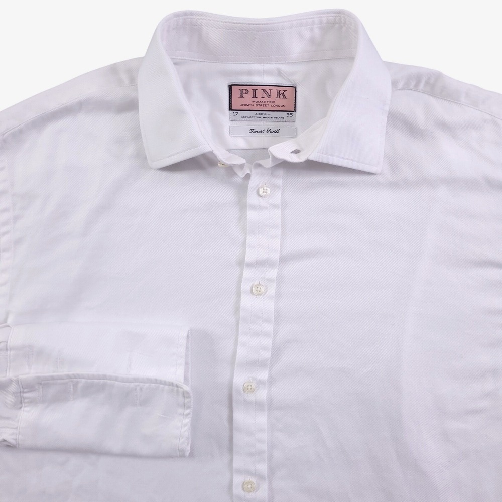 Thomas Pink Dress Shirt Mens 17 35 French Cuff White Finest Twill Made Ireland